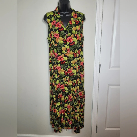Vintage 90s Y2K Erika Dresses Tropical Floral Button Front Dress sz M - Picture 1 of 9